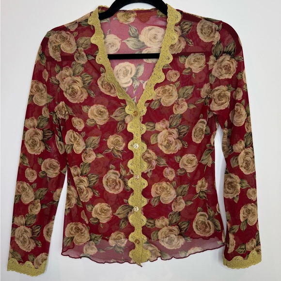 Vintage Floral Sheer lace trim Button-Up Blouse top - Picture 2 of 6